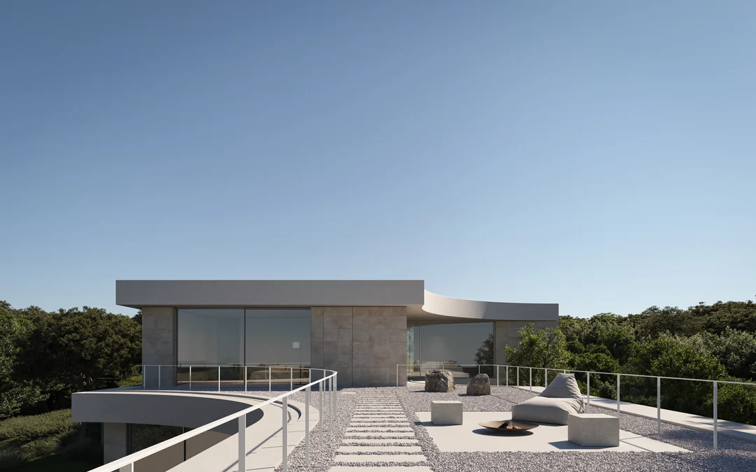 Cubierta-terraza sobre el volumen principal, con la marquesina curva y el arbolado alrededor