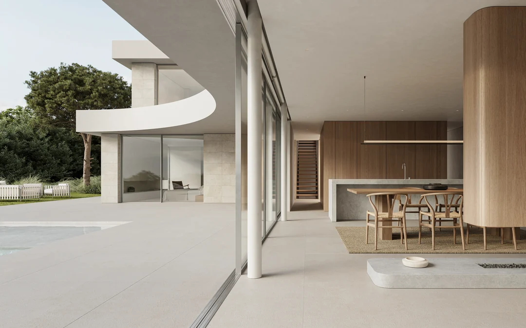 Cocina y comedor abiertos a la terraza y la piscina