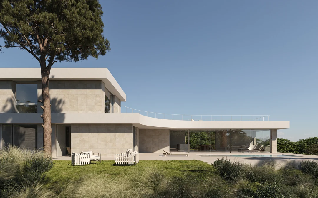 Casa Cuarzo desde el jardín: volumen bajo de travertino con marquesina curva blanca, piscina y pinos al fondo